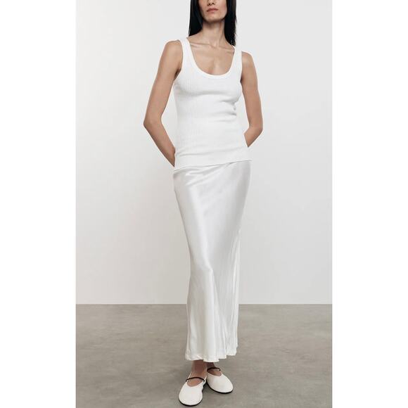 ENZA COSTA Satin Bias Slip Skirt Women XS White Undyed Maxi Pull On Quiet Luxury